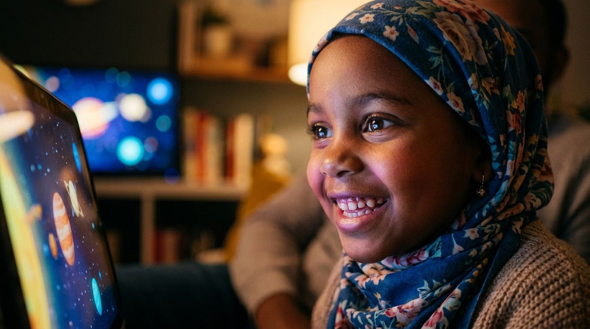 Une petite fille voilée, souriante et captivée, regardant une vidéo éducative sur une tablette