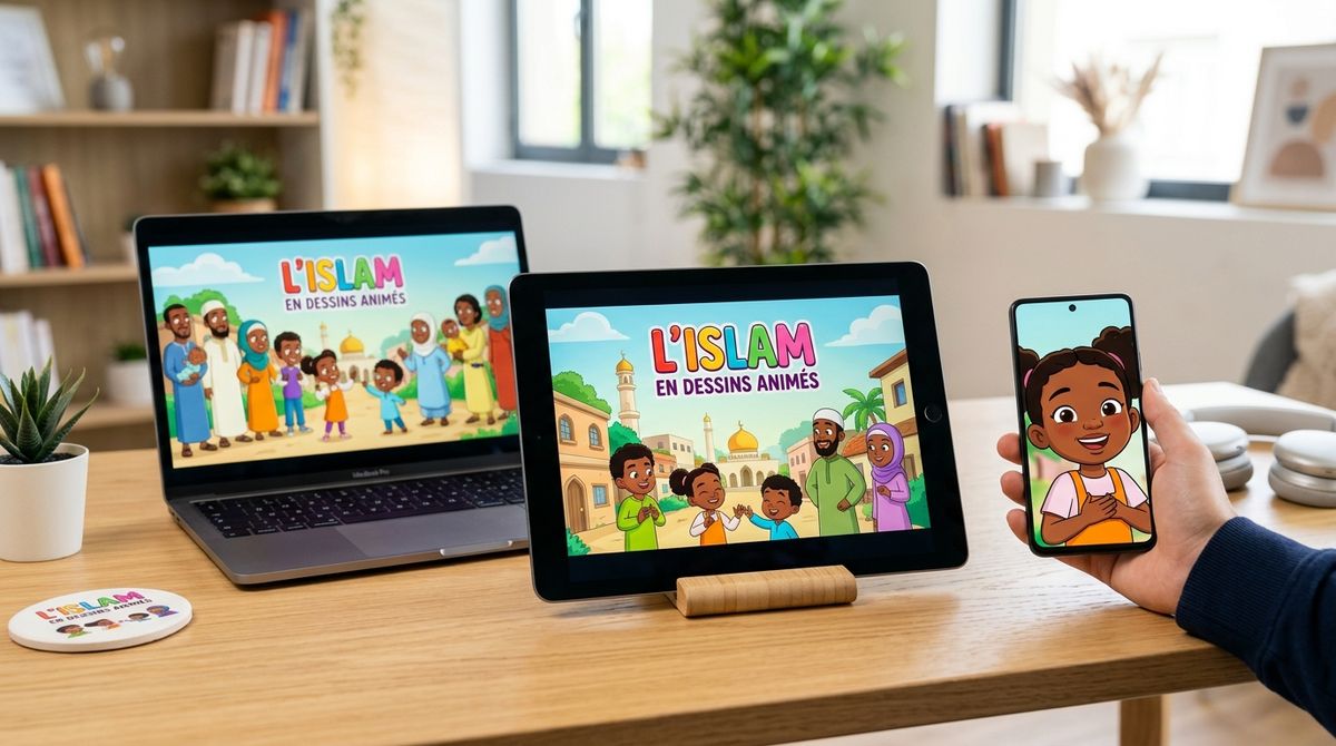 Le pack L'Islam en Dessins Animés affiché simultanément sur un ordinateur portable, une tablette et un téléphone posés sur un bureau