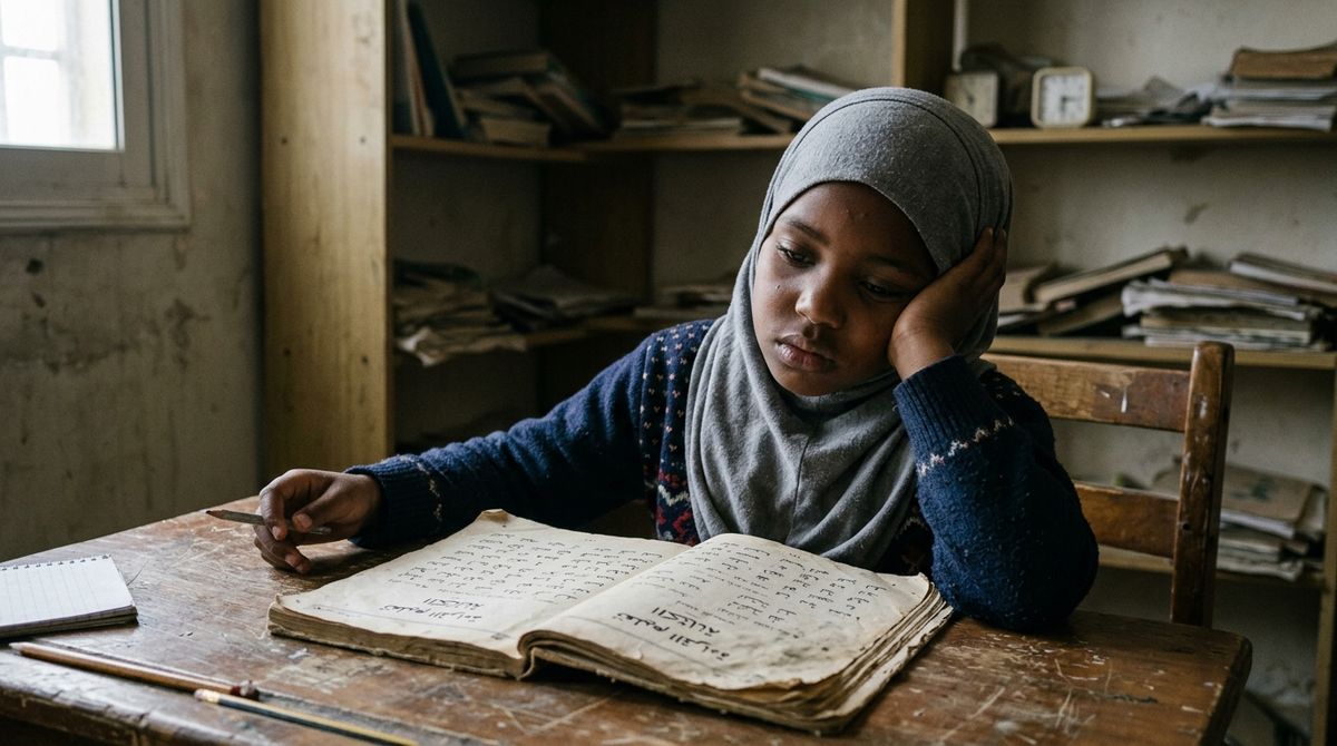 Une fillette voilée, la tête posée sur sa main, l'air lassé devant un vieux livre d'apprentissage en arabe