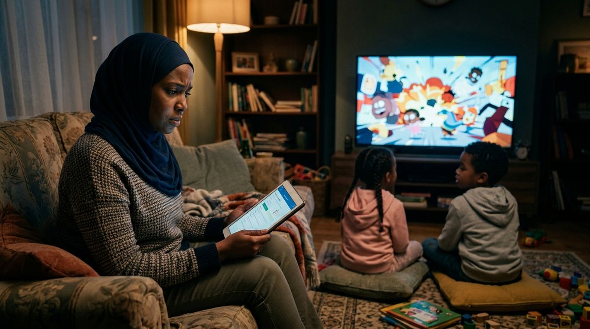 Une mère assise sur son canapé, le regard préoccupé, pendant que ses deux enfants regardent un dessin animé bruyant à la télévision