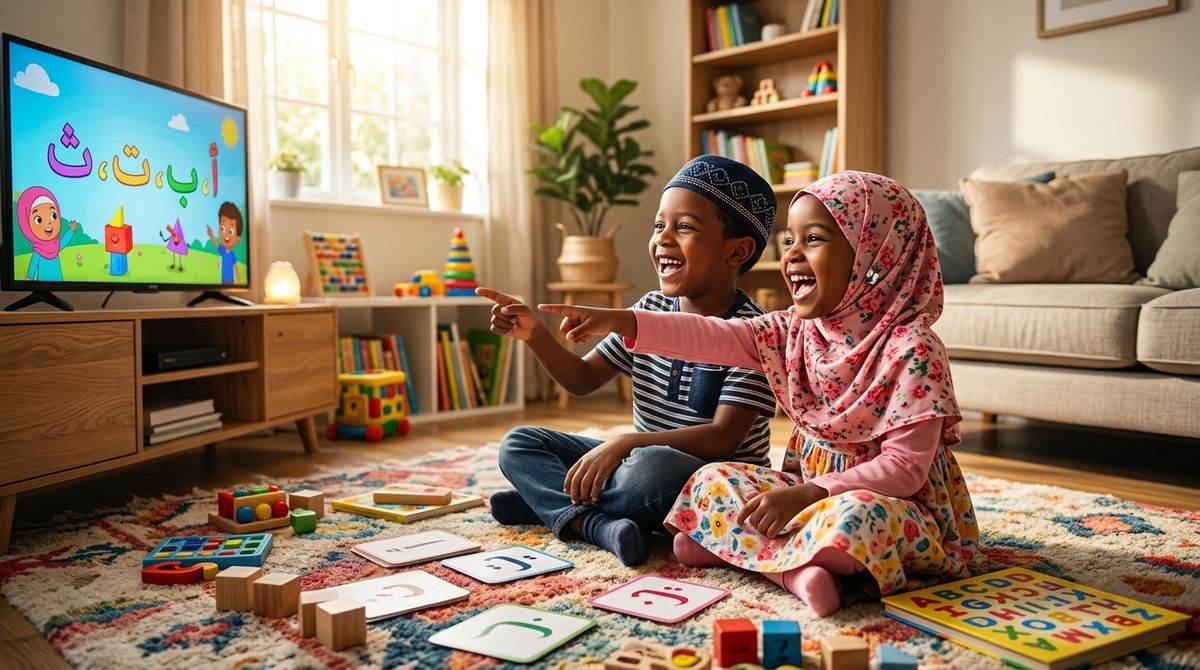 Deux enfants assis sur un tapis, souriants et enthousiastes, montrant du doigt un écran qui affiche les lettres de l'alphabet arabe