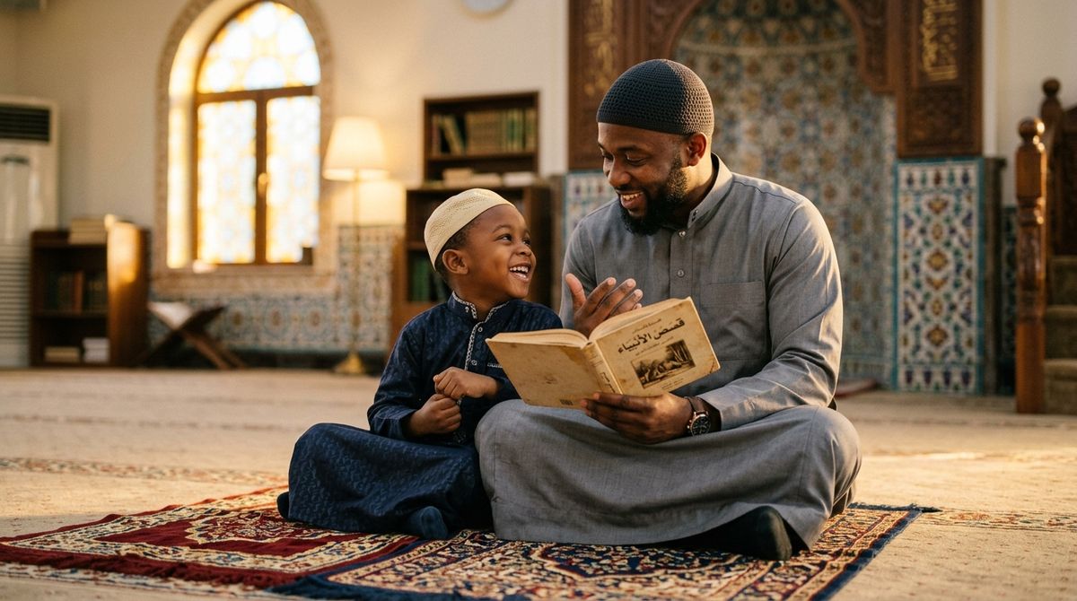 Un père et son jeune fils assis sur un tapis de prière dans une mosquée, souriants, lisant ensemble un livre